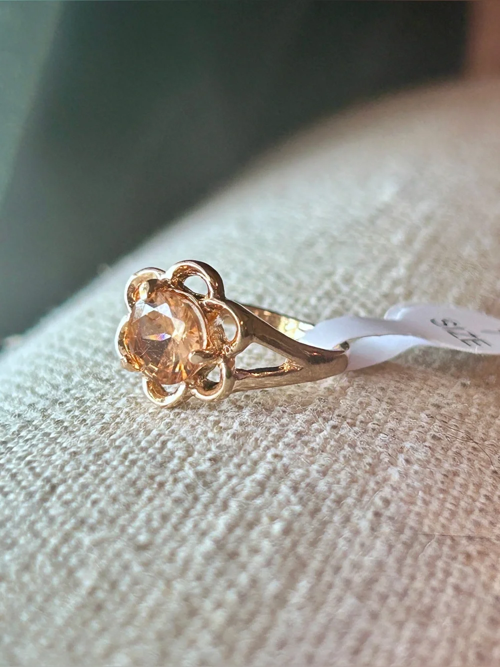 Gold Floral Peach CZ Ring - size 7